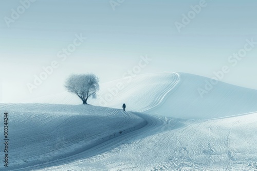 Man walking alone in snow field toward lonely tree