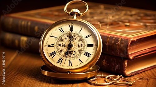 ornate golden pocket watch with books in the background