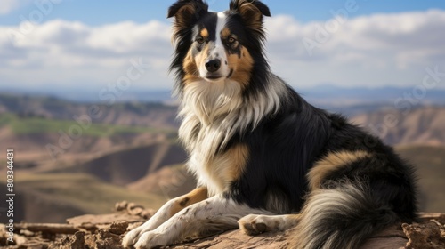 A Border Collie sits on a rock in the desert