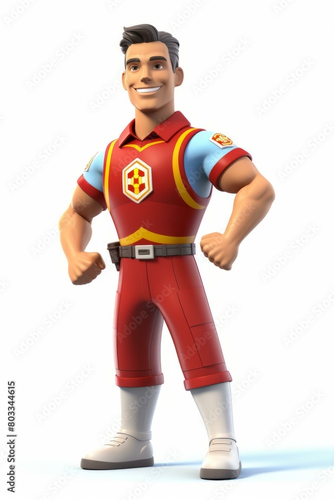 A firefighter in red uniform standing with hands on hips A firefighter in red uniform standing with hands on hips
