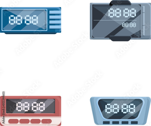 Modern taximeter icons set cartoon vector. Taxi service calculating equipment. Electronic device