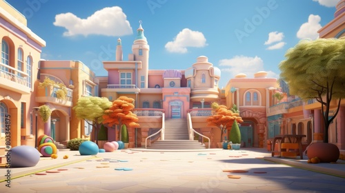 A colorful cartoon town with a clock tower photo