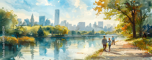 A serene city park scene painted in watercolor, highlighting a couple walking by a reflective lake with a vibrant urban skyline in the background. © Khritthithat