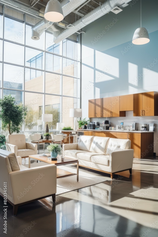 Office lobby with modern furniture and large windows