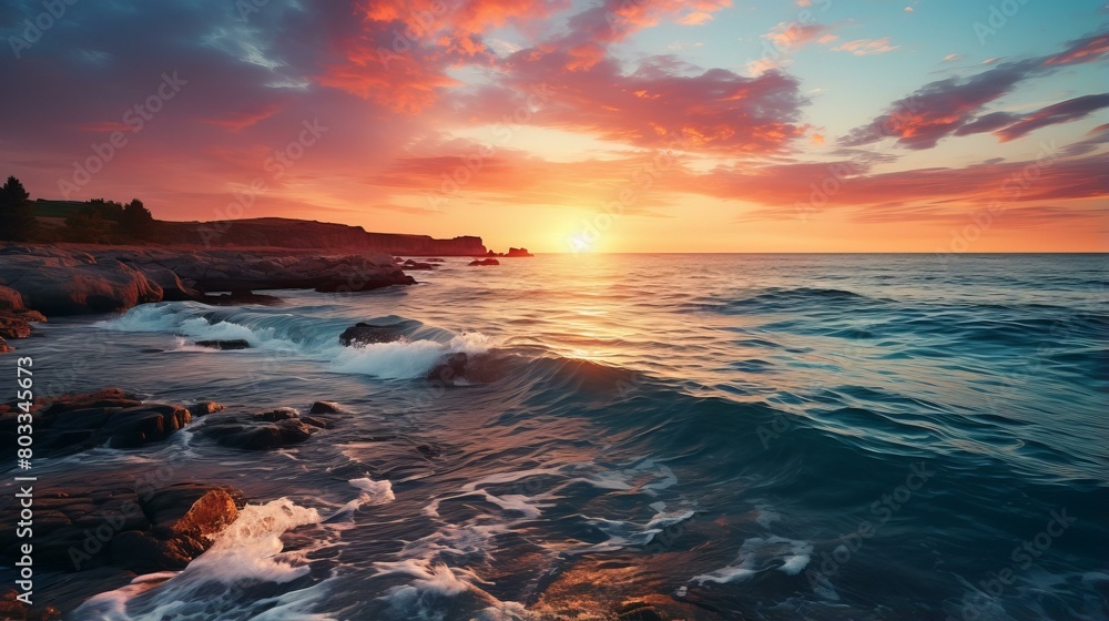 Rocky beach at sunset