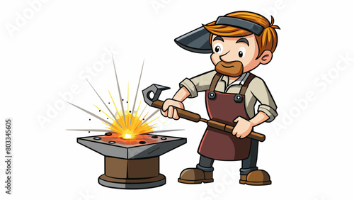A blacksmith hammers a glowing piece of metal on an anvil shaping it into a sharp sword with precise strikes and careful attention to detail.. Cartoon Vector