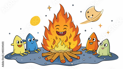 A bonfire crackles and pops sending sparks soaring into the starry night. The warm glow illuminates the faces of friends gathered around their. Cartoon Vector