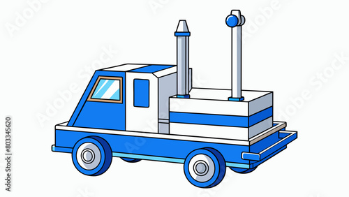 A blue and white machine with a tall mast and a wide flat platform at the base for carrying bulky items. Its large front wheels and smaller back. Cartoon Vector