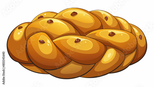 A braided sweet bread with a shiny glazed exterior. It is golden in color and adorned with raisins and nuts. The inside is soft and buttery making it. Cartoon Vector