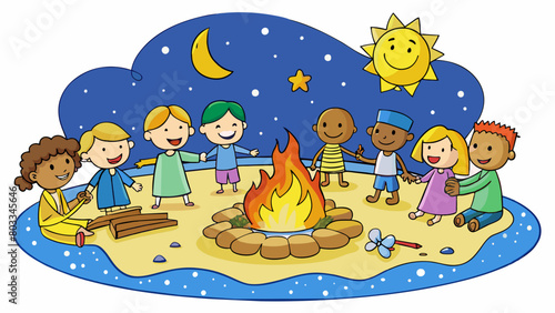 A bonfire on the beach surrounded by friends and family roasting marshmallows and singing songs under a starry sky.. Cartoon Vector