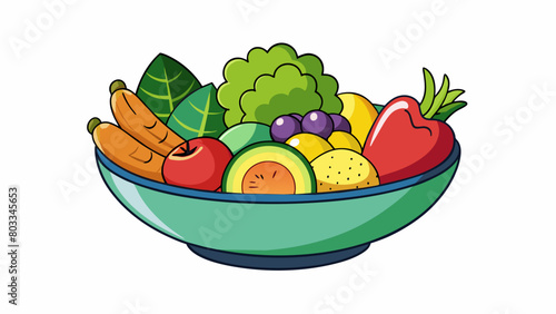 A bowl of bright colorful fruits and vegetables representing a balanced and nutritious diet. The different shapes sizes and textures symbolize the. Cartoon Vector