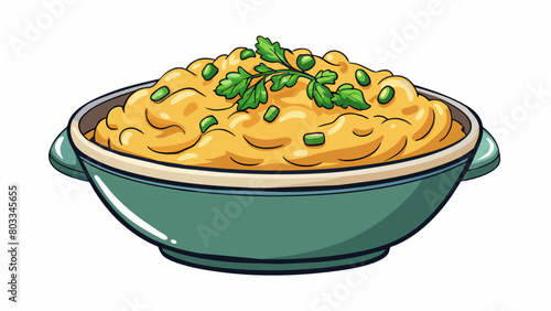 A bowl of creamy rich macaroni and cheese is topped with a generous sprinkle of breadcrumbs and fresh herbs. The cheese sauce is smooth and velvety. Cartoon Vector photo
