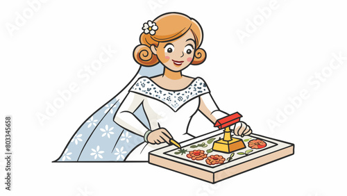 A bridetobe carefully stamps a delicate floral pattern onto her wedding invitations using intricate clear stamps. The resulting images are crisp and. Cartoon Vector photo