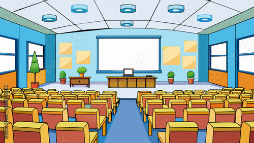 A bright lecture hall with high ceilings and rows of desks facing a large projector screen. The walls are covered in whiteboards and posters. Cartoon Vector
