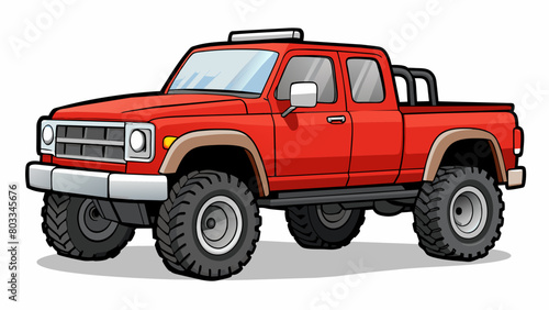 A bright red pickup truck with a sy bed and large tires. It has a lift kit and a rugged bumper with a winch making it perfect for offroading. The. Cartoon Vector