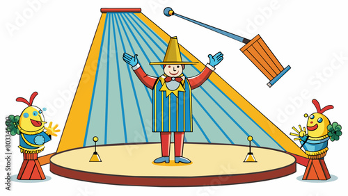A bright spotlight shining down on a stage highlighting the performer in the center. The intensity of the light and the focus on one individual. Cartoon Vector