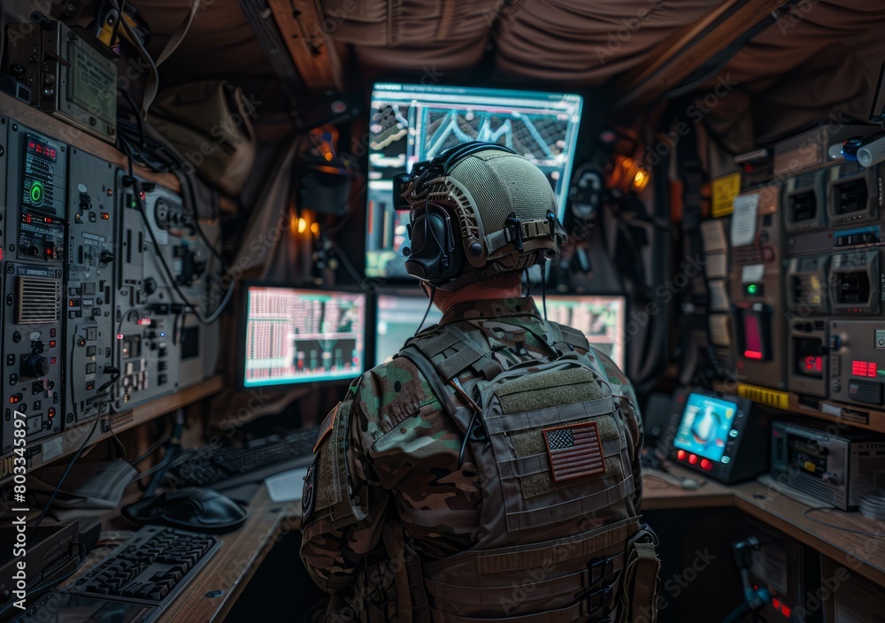 Soldier operates advanced military technology in command center Soldier operates advanced military technology in command center