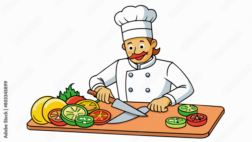 A chef swiftly ting a variety of colorful vegetables into uniform slices with a sharp knife. The slices are precise and consistent in thickness.. Cartoon Vector A chef swiftly ting a variety of colorful vegetables into uniform slices with a sharp knife. The slices are precise and consistent in thickness.. Cartoon Vector