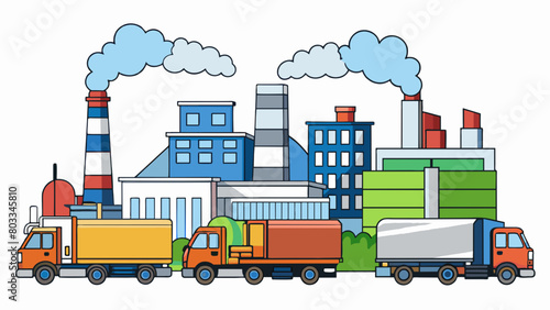 A bustling industrial sector filled with factories and warehouses where large trucks roar through the streets transporting goods and materials. The. Cartoon Vector