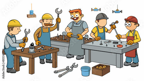 A bustling workshop with rows of workbenches covered in tered tools and scraps of metal where craftsmen hammer and mold raw materials into shiny. Cartoon Vector