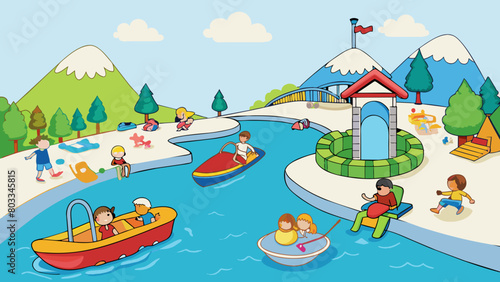 A bustling lake filled with activity as boats of all shapes and sizes weave through the water. Jet skis zip by leaving trails of white foam in their. Cartoon Vector