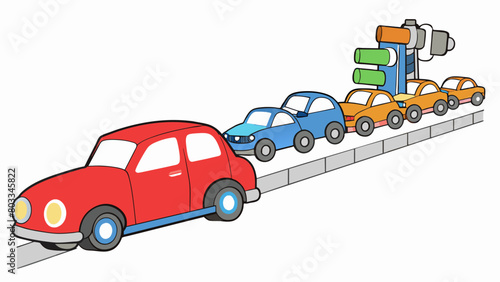 A car engine running and emitting exhaust while waiting in a long line of cars at a traffic light. The constant revving of the engine and the smell of. Cartoon Vector