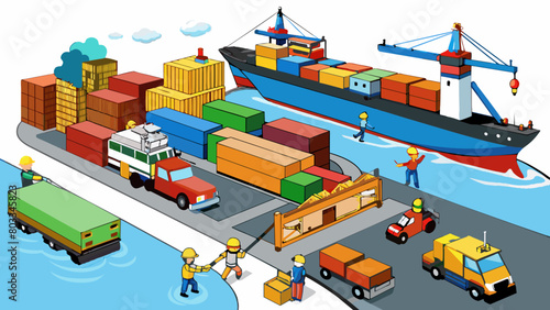 A busy harbor filled with large cargo ships cranes and shipping containers. Trucks and trains are constantly loading and unloading goods while workers. Cartoon Vector