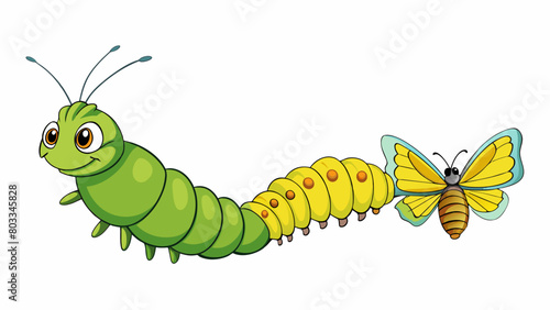 A caterpillar coing itself and undergoing metamorphosis to become a colorful butterfly. The caterpillars body transforms and hardens into a chrysalis. Cartoon Vector