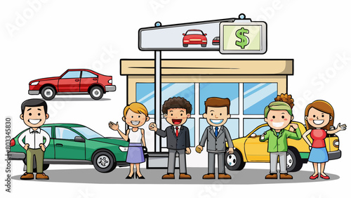 A car dealership has a revenue of 1 million dollars per quarter. Its revenue is characterized by a showroom filled with various car models a team of. Cartoon Vector