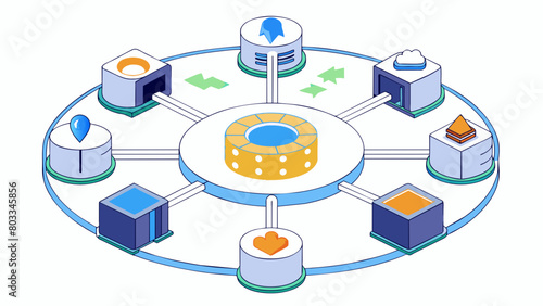 A central hub that stores and organizes important business data with builtin security measures to protect sensitive information. objects central hub. Cartoon Vector