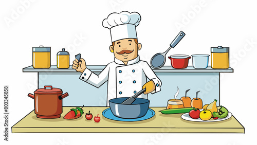 A chef cooking in a restaurant kitchen carefully following a recipe to create a delicious dish. The kitchen is bustling with activity with pots and. Cartoon Vector