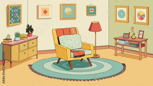 A charming apartment with a vintage vibe featuring a rocking chair with a crocheted blanket a floral print sofa with mismatched throw pillows and a. Cartoon Vector