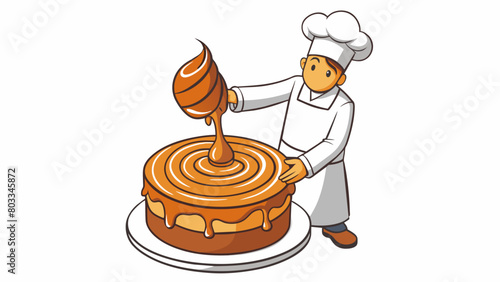 A chef drizzles warm caramel into a spiral pattern on a cake creating a beautiful design with a flick of their wrist.. Cartoon Vector