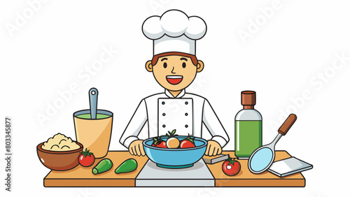 A chef carefully arranging ingredients and kitchen tools on a counter ready to prepare a complex dish. Their strategy involves choosing the right. Cartoon Vector