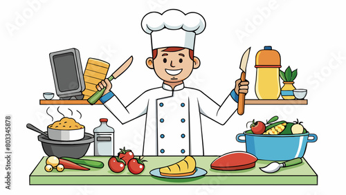A chef stands in a bustling kitchen wielding sharp knives and various cooking utensils creating delicious dishes and paying attention to flavors. Cartoon Vector