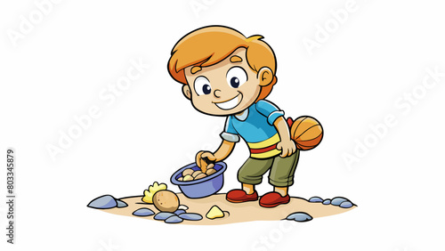 A child eagerly collecting rocks and shells on the beach with the intention of creating a special and unique collection to cherish.. Cartoon Vector
