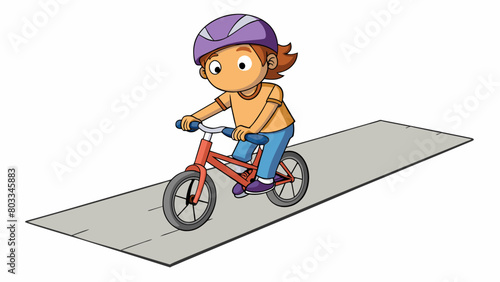 A child learning to ride a bike timidly pushing off and wobbling down the sidewalk as they take their time to find balance and gain confidence in. Cartoon Vector