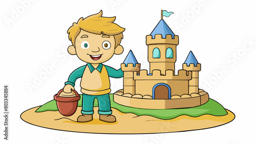 A child proudly displays a sandcastle they built by casting handfuls of wet sand into a mold creating towers walls and a moat surrounding their. Cartoon Vector