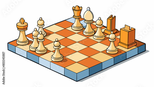 A chess board with pieces strategically arranged showing the potential moves and possible outcomes of each players next move. The strategy in this. Cartoon Vector