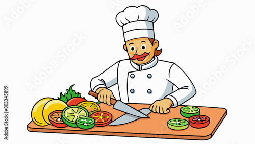A chef swiftly ting a variety of colorful vegetables into uniform slices with a sharp knife. The slices are precise and consistent in thickness.. Cartoon Vector