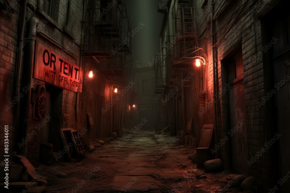 A dark and dirty alleyway with red lights