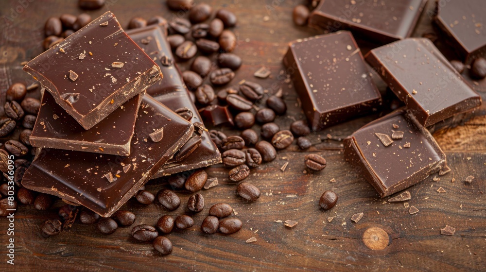 Chocolate pieces with coffee beans on wooden table, copy space Chocolate pieces with coffee beans on wooden table, copy space