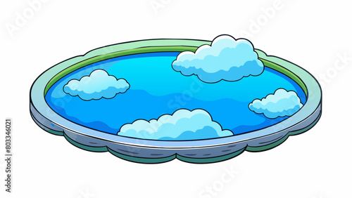 A clear pond reflects a blue sky dotted with fluffy white clouds. The reflection is slightly wavy due to a gentle breeze adding a dreamlike quality to. Cartoon Vector