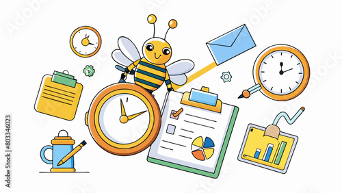 A clock with a busy bee buzzing around it surrounded by numerous unfinished tasks and projects. The bees constant movement and the ticking clock. Cartoon Vector