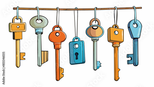 A collection of keys hang from a hook each one unlocking a different door to a potential future. The decision lies in choosing which key to use a. Cartoon Vector