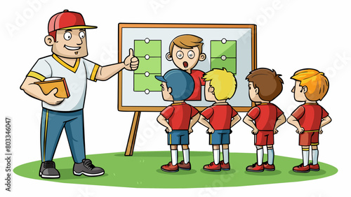A coach stands on the sidelines clutching a whiteboard instructing their team with hand gestures and animated expressions. The players on the field. Cartoon Vector