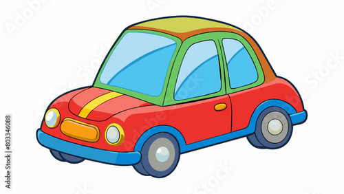 A colorful plastic toy car This finished good is a small handheld toy made of plastic. It has bright colors movable wheels and a simple design of a. Cartoon Vector