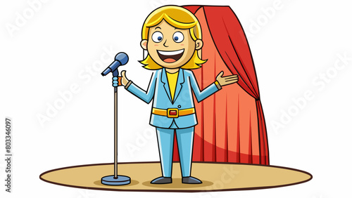 A comedian stands on stage microphone in hand delivering a stream of jokes with perfect timing and delivery. The audience erupts with laughter as she. Cartoon Vector