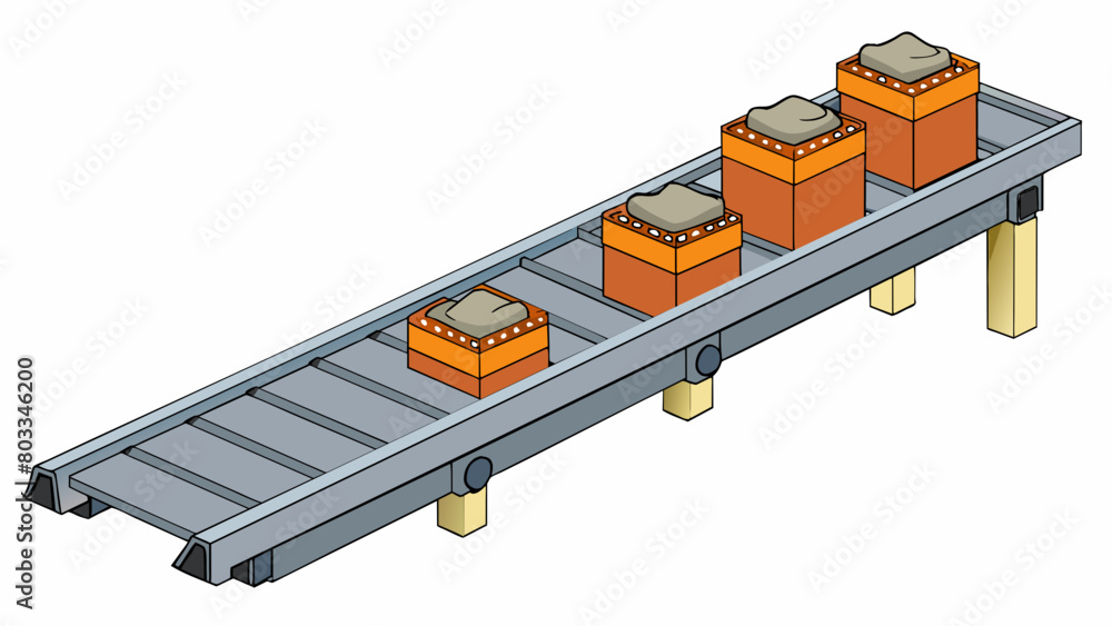 A conveyor belt made of interlocking metal plates transports heavy bags of cement to a loading dock. The strong metal plates smoothly glide along the. Cartoon Vector A conveyor belt made of interlocking metal plates transports heavy bags of cement to a loading dock. The strong metal plates smoothly glide along the. Cartoon Vector