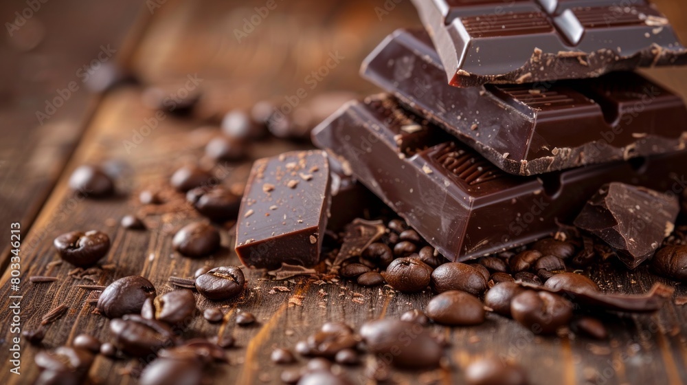 Chocolate pieces with coffee beans on wooden table, copy space Chocolate pieces with coffee beans on wooden table, copy space